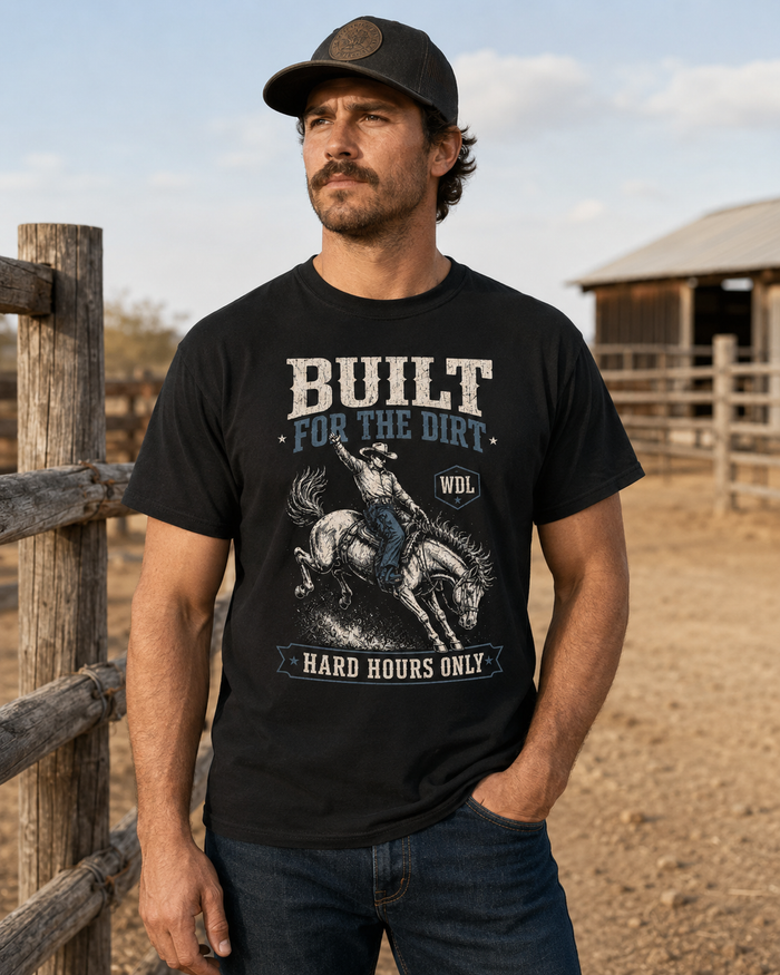 Built For The Dirt Bronc Tee black Comfort Colors 1717 ranch on-model mockup