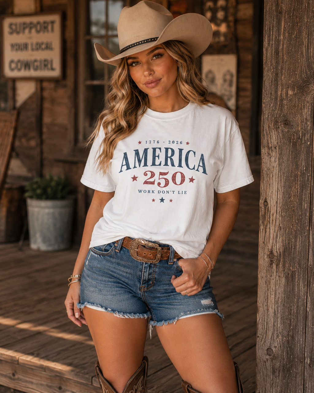 America 250 Tee patriotic western graphic tee mockup 1 by Work Don’t Lie Co.