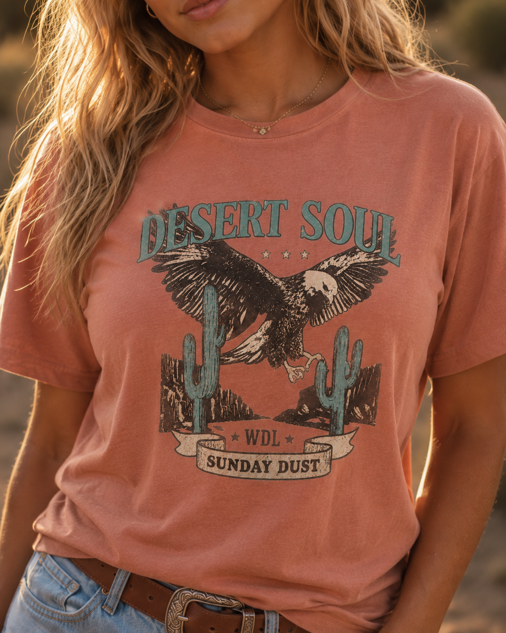 Desert Soul Cowgirl Tee close on-model view in Terracotta