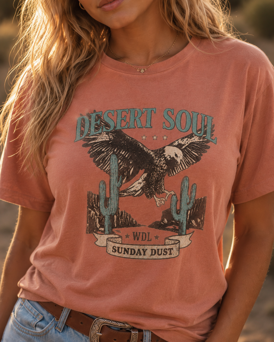 Desert Soul Cowgirl Tee close on-model view in Terracotta