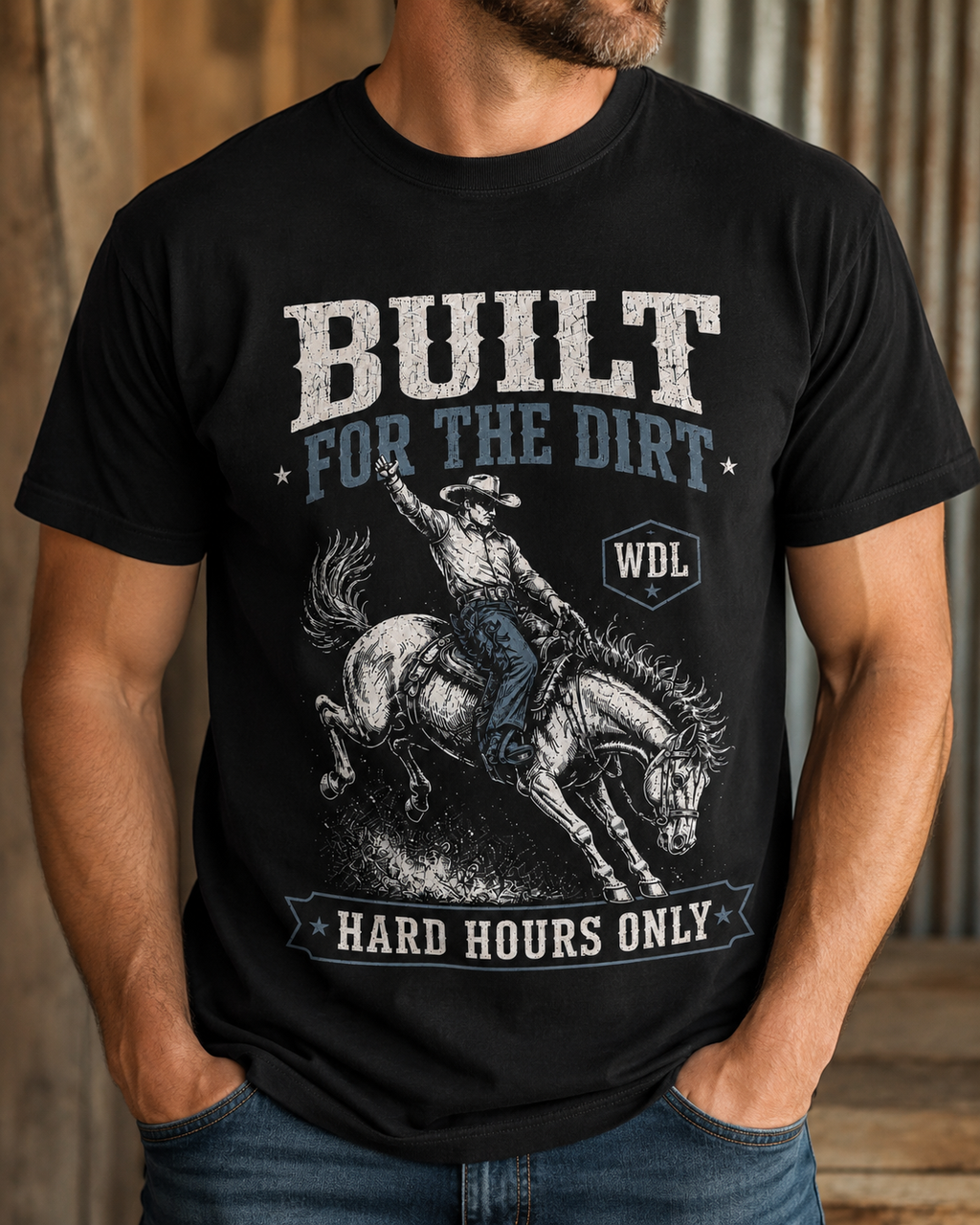 Built For The Dirt Bronc Tee black Comfort Colors 1717 second on-model mockup