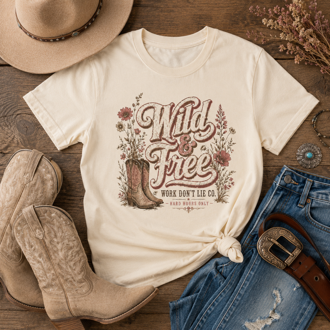 WDL Etsy-matched custom image 03 - 03_FLATLAY_hat_boots_denim_belt.png