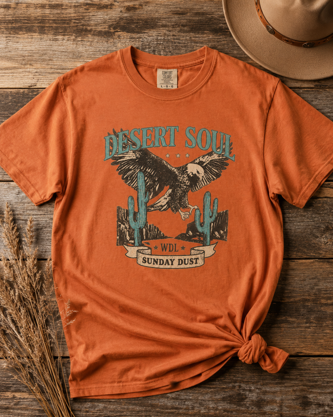 Desert Soul western graphic tee flat lay in Burnt Orange