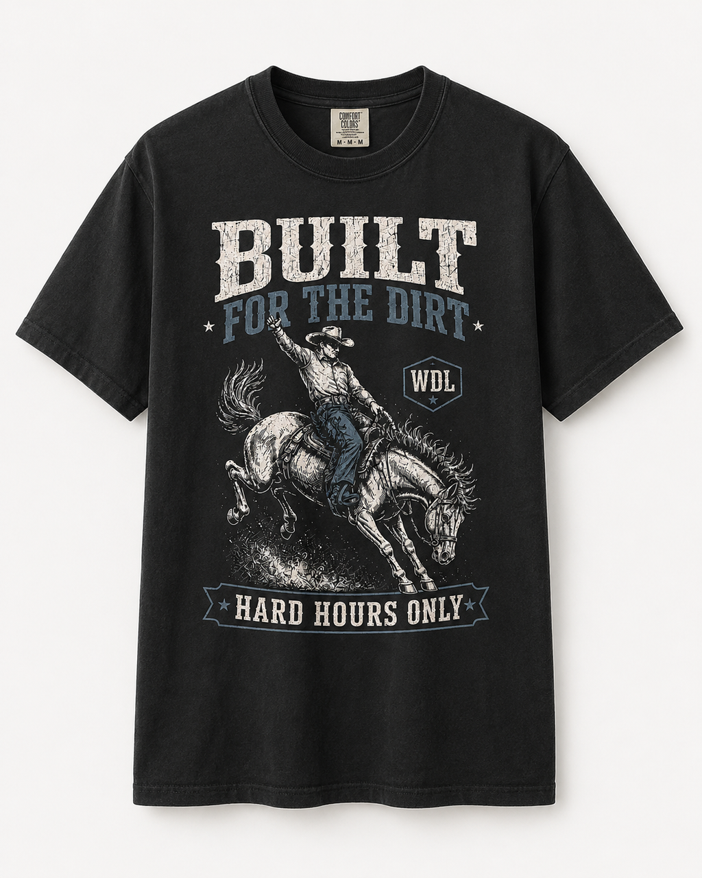 Built For The Dirt Bronc Tee black Comfort Colors 1717 front flat lay