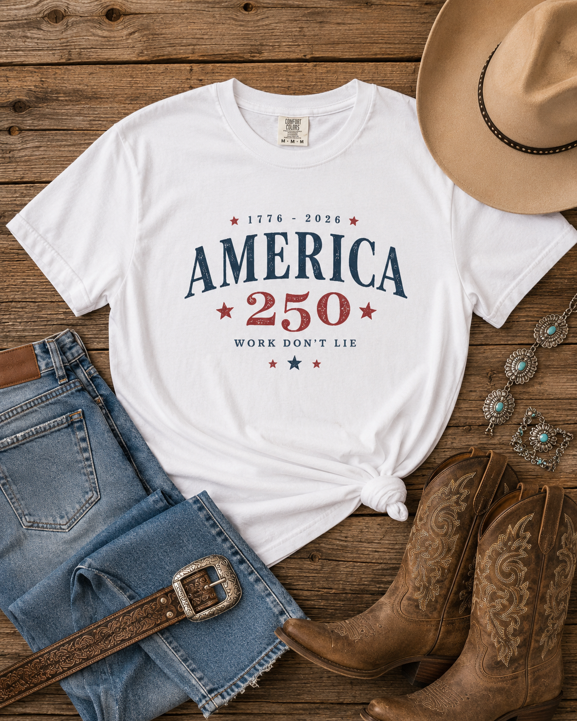 America 250 Tee patriotic western graphic tee mockup 3 by Work Don’t Lie Co.