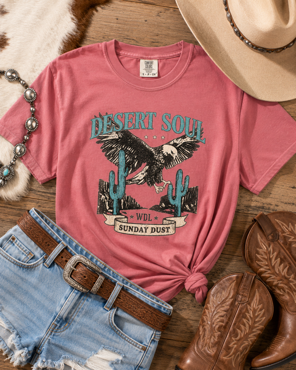 Desert Soul western graphic tee flat lay in Watermelon