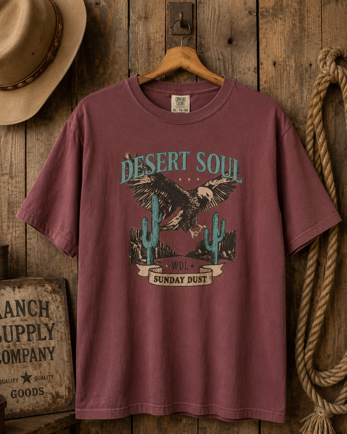 Desert Soul Comfort Colors tee hanging mockup in Brick