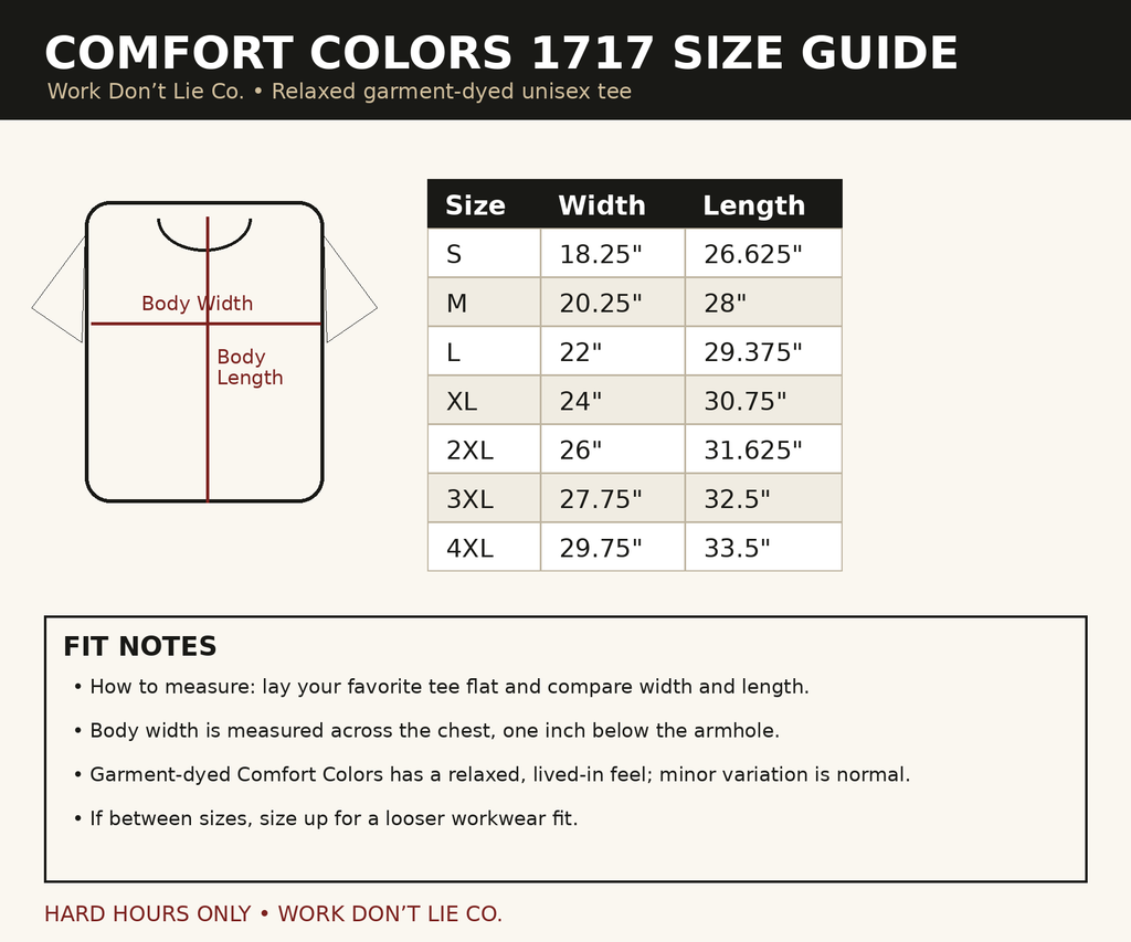 Comfort Colors 1717 size chart and relaxed garment-dyed fit guide