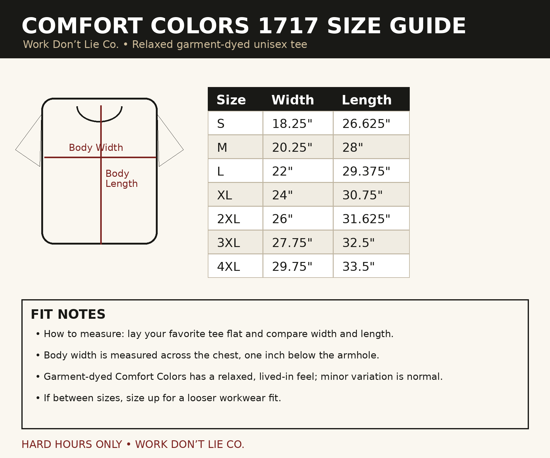 Comfort Colors 1717 size chart and relaxed garment-dyed fit guide