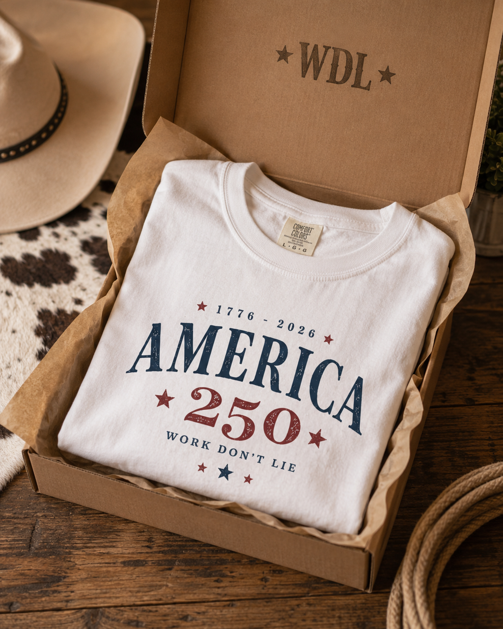 America 250 Tee patriotic western graphic tee mockup 6 by Work Don’t Lie Co.