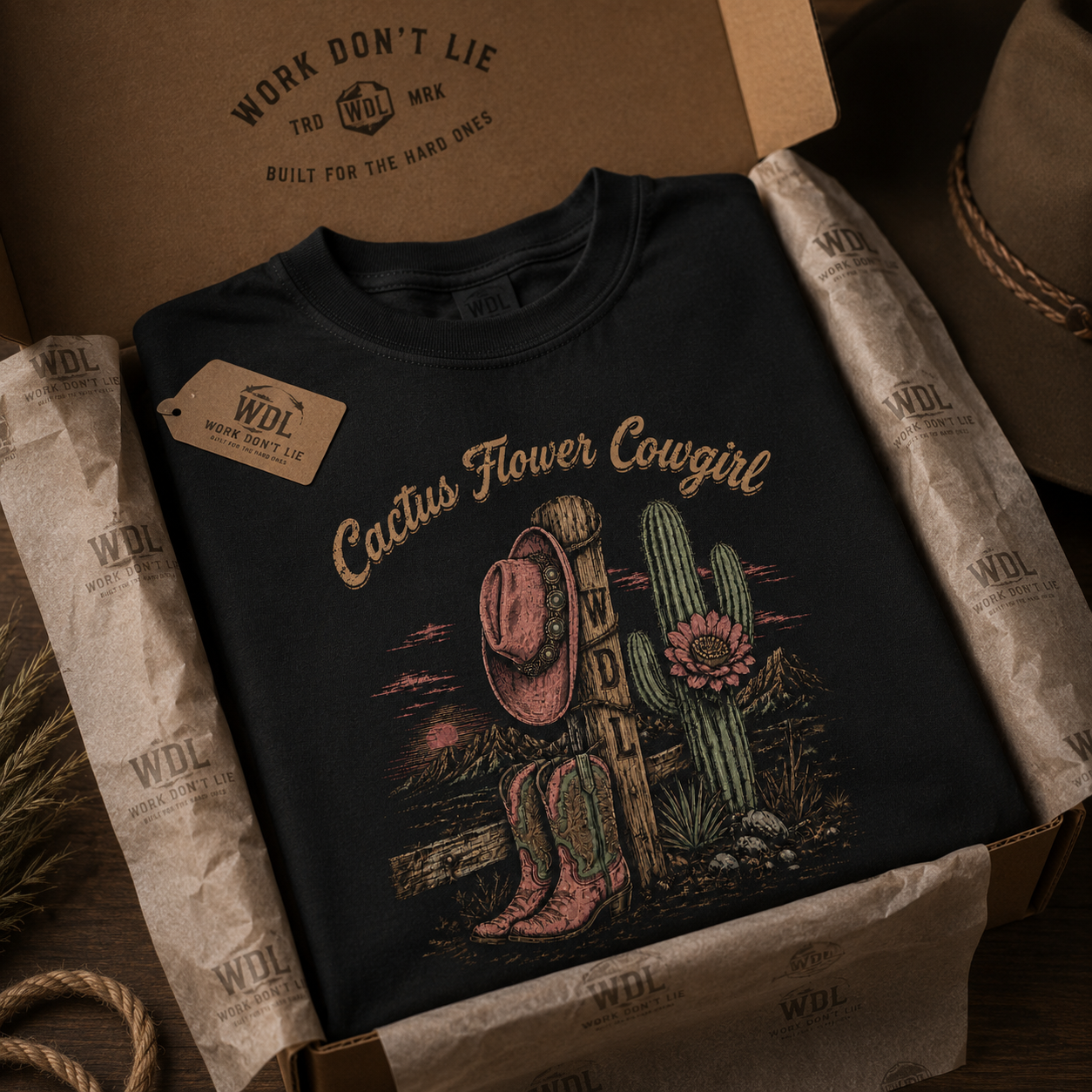 Cactus Flower Cowgirl Tee package mockup by Work Don’t Lie Co.