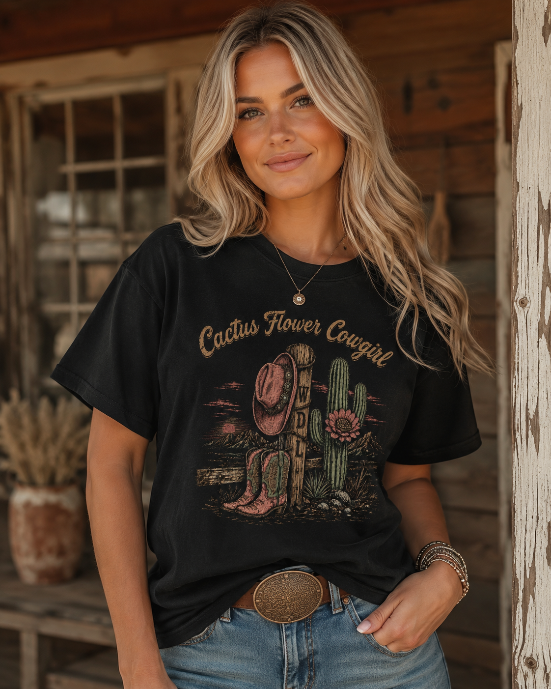 Cactus Flower Cowgirl Tee model mockup by Work Don’t Lie Co.