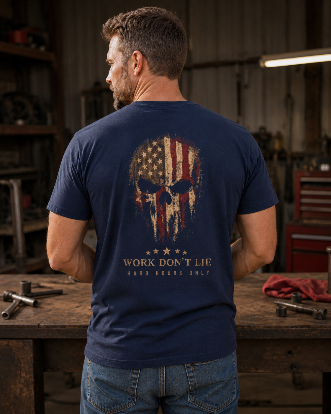 WDL Skull Flag Patriot Tee Navy back workshop lifestyle mockup