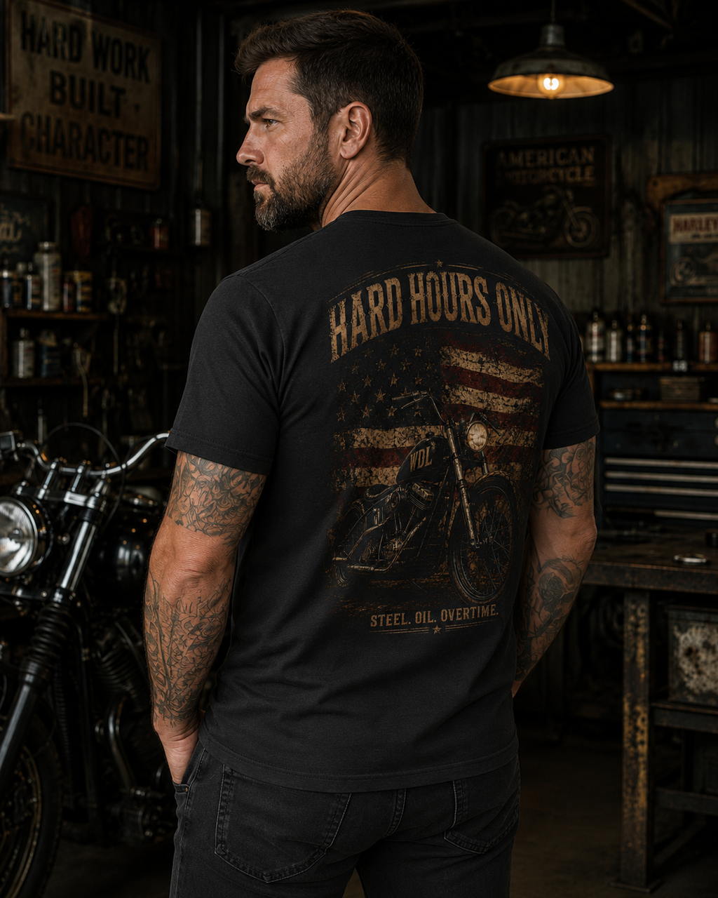 Hard Hours Only Motorcycle Tee custom mockup 2