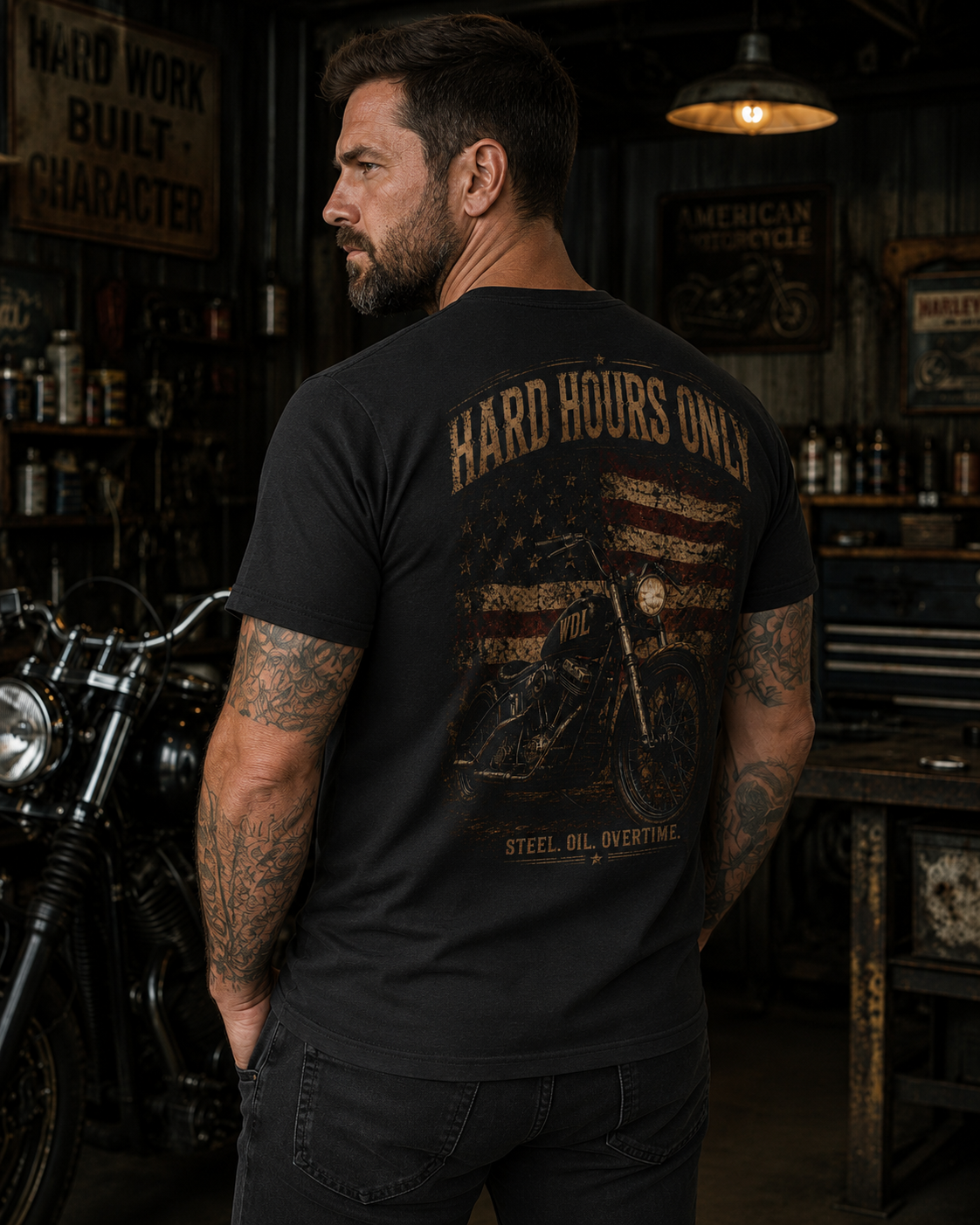 Hard Hours Only Motorcycle Tee custom mockup 2