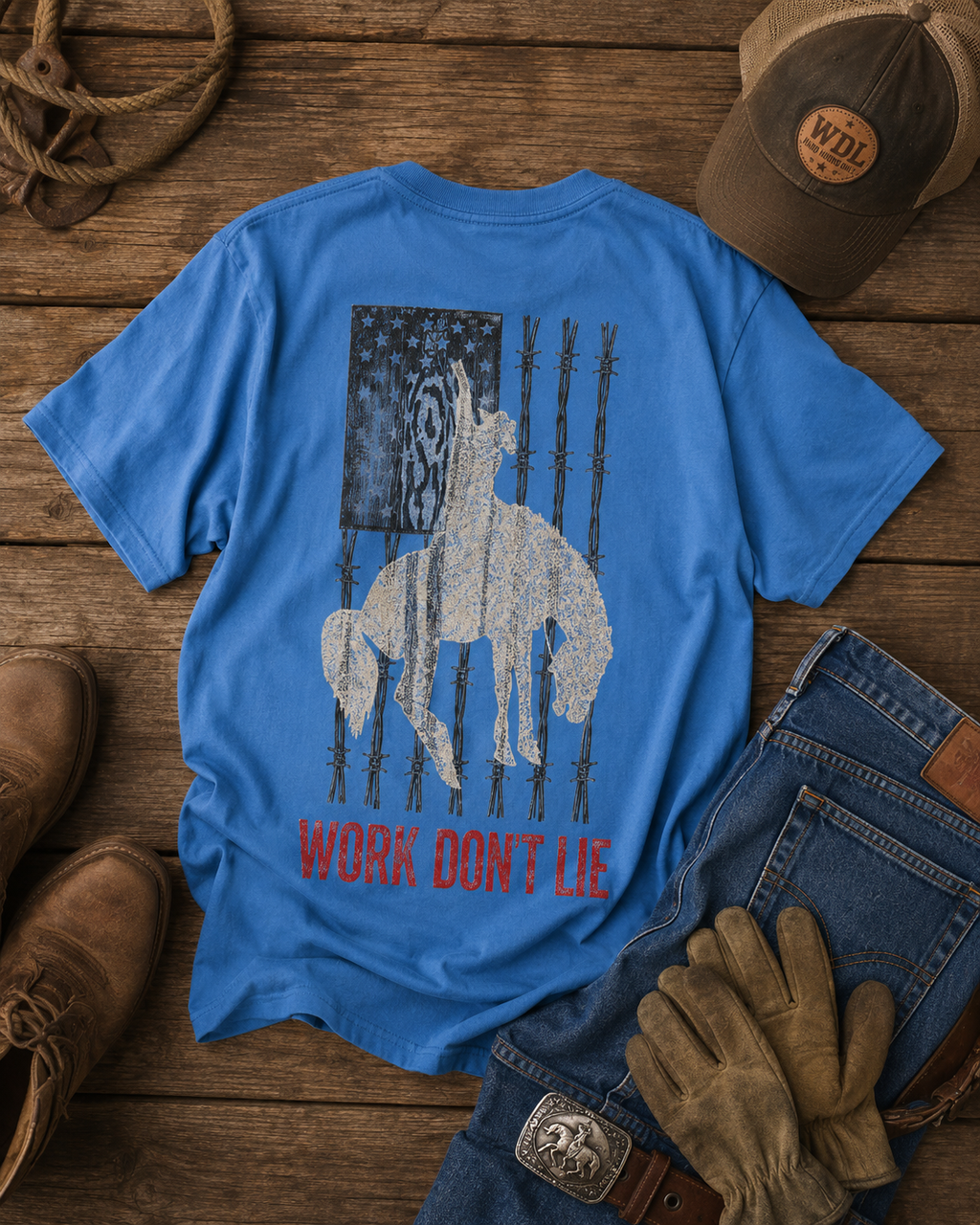 Work Don't Lie Western Rider Tee mockup 8