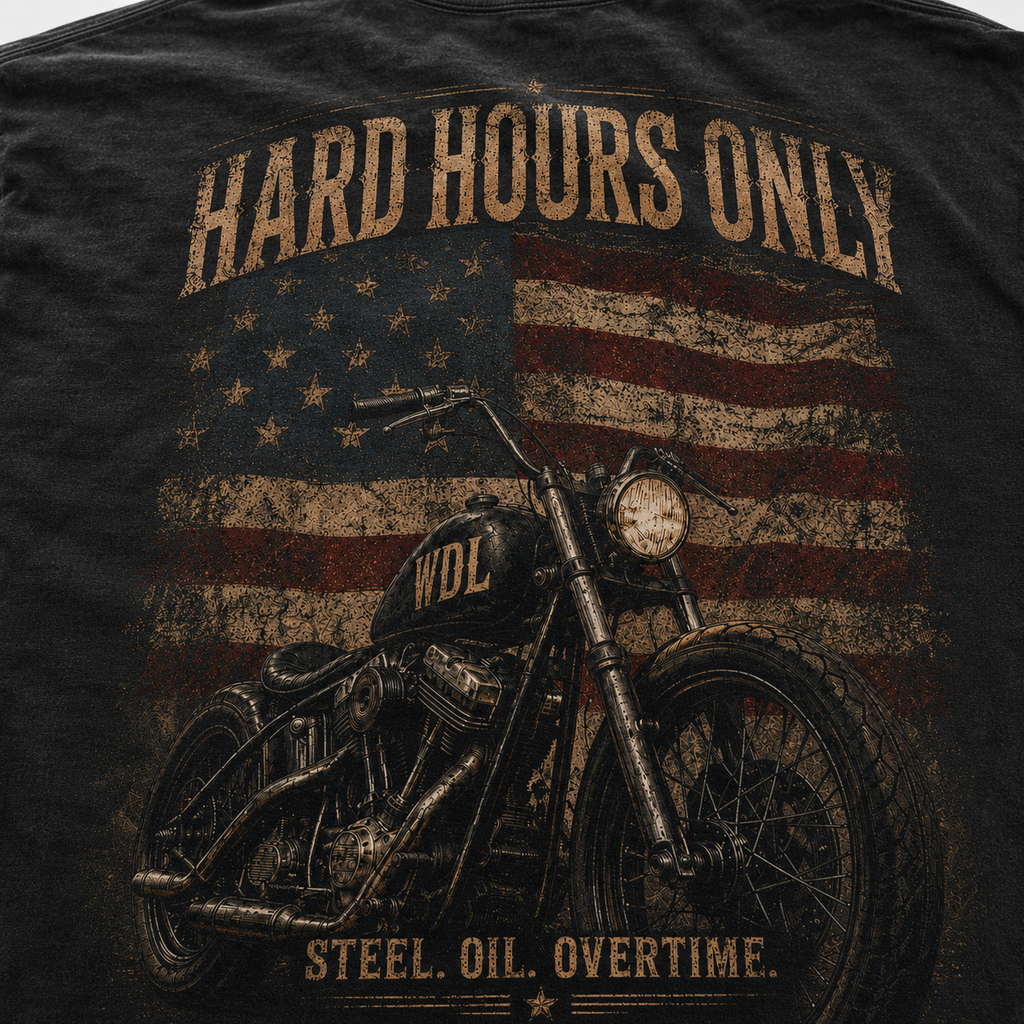 Hard Hours Only Motorcycle Tee custom mockup 1