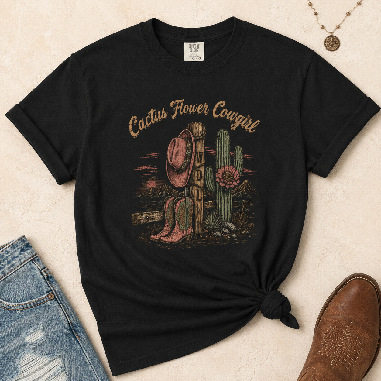 Cactus Flower Cowgirl Tee flat lay mockup by Work Don’t Lie Co.