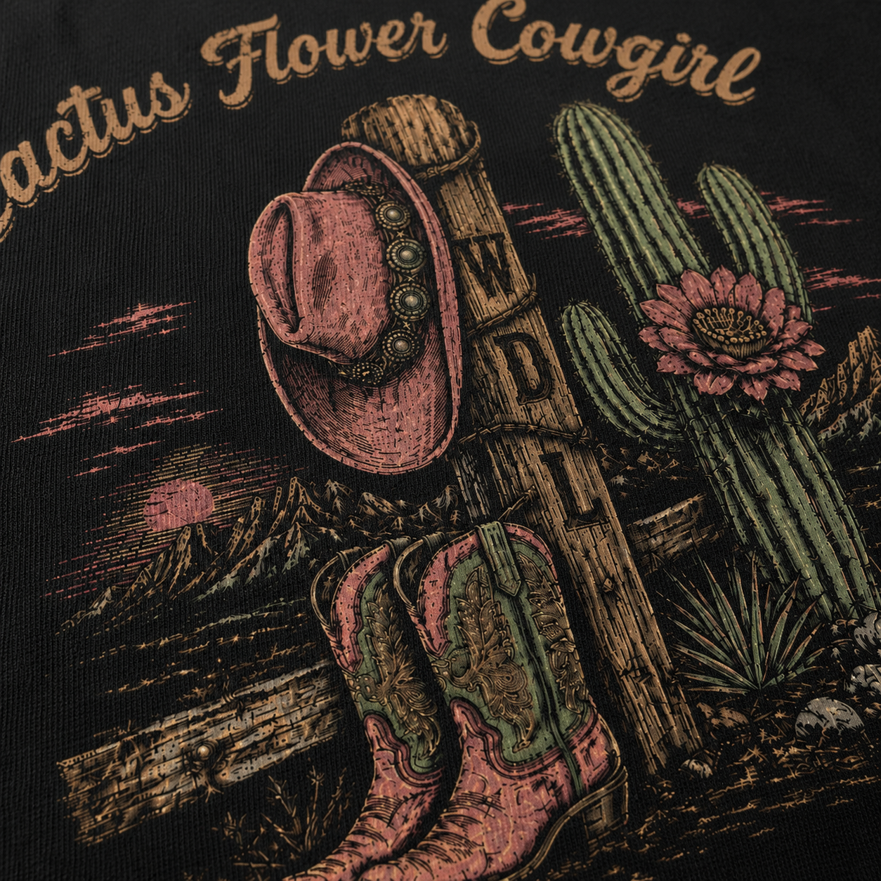 Cactus Flower Cowgirl Tee print detail mockup by Work Don’t Lie Co.