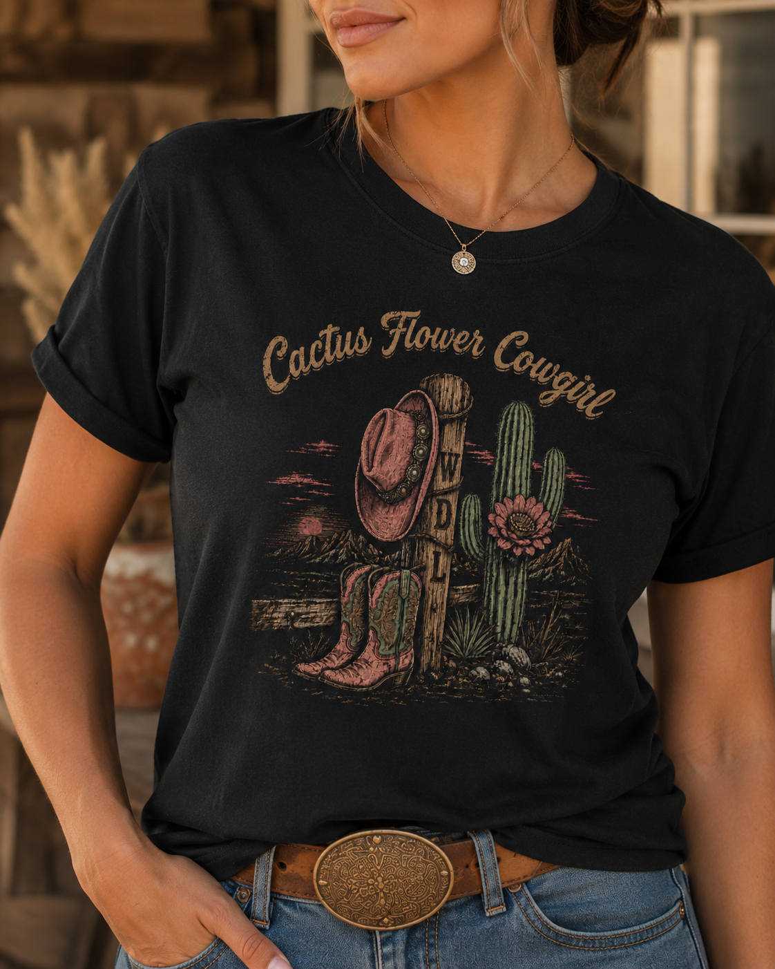 Cactus Flower Cowgirl Tee close model mockup by Work Don’t Lie Co.