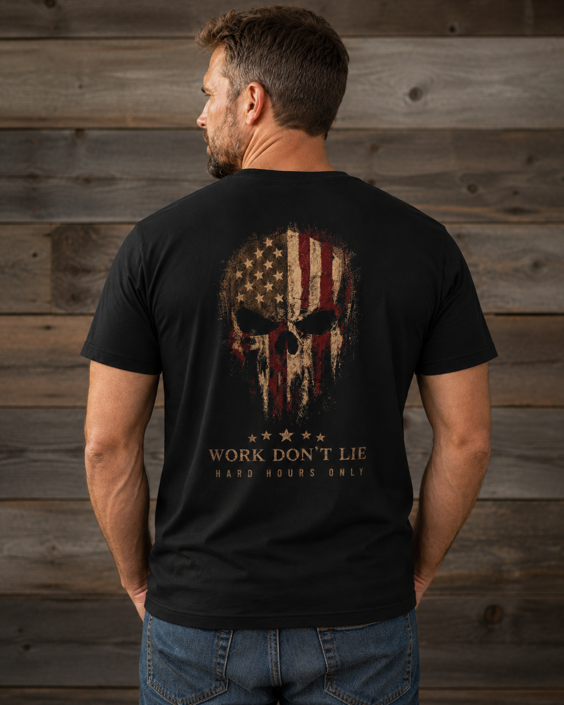 WDL Skull Flag Patriot Tee black back model lifestyle mockup