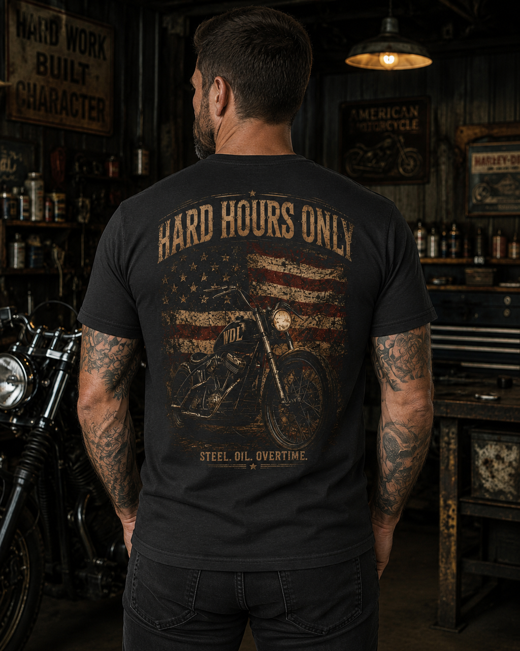 Hard Hours Only Motorcycle Tee custom mockup 3
