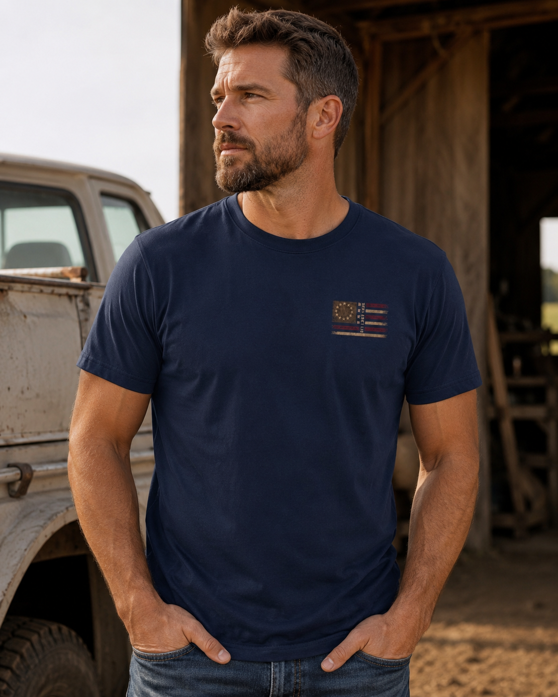 WDL Skull Flag Patriot Tee Navy front truck lifestyle mockup