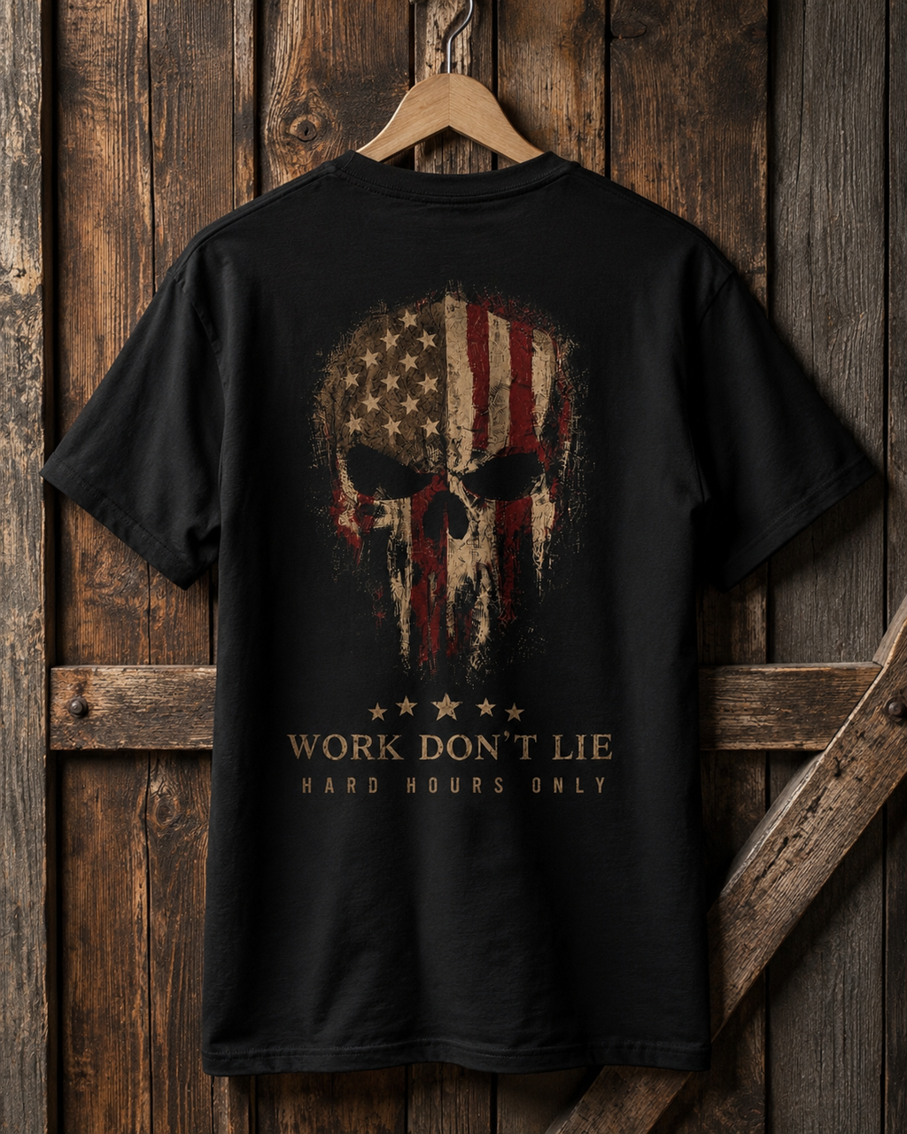 WDL Skull Flag Patriot Tee black back hanging shirt mockup