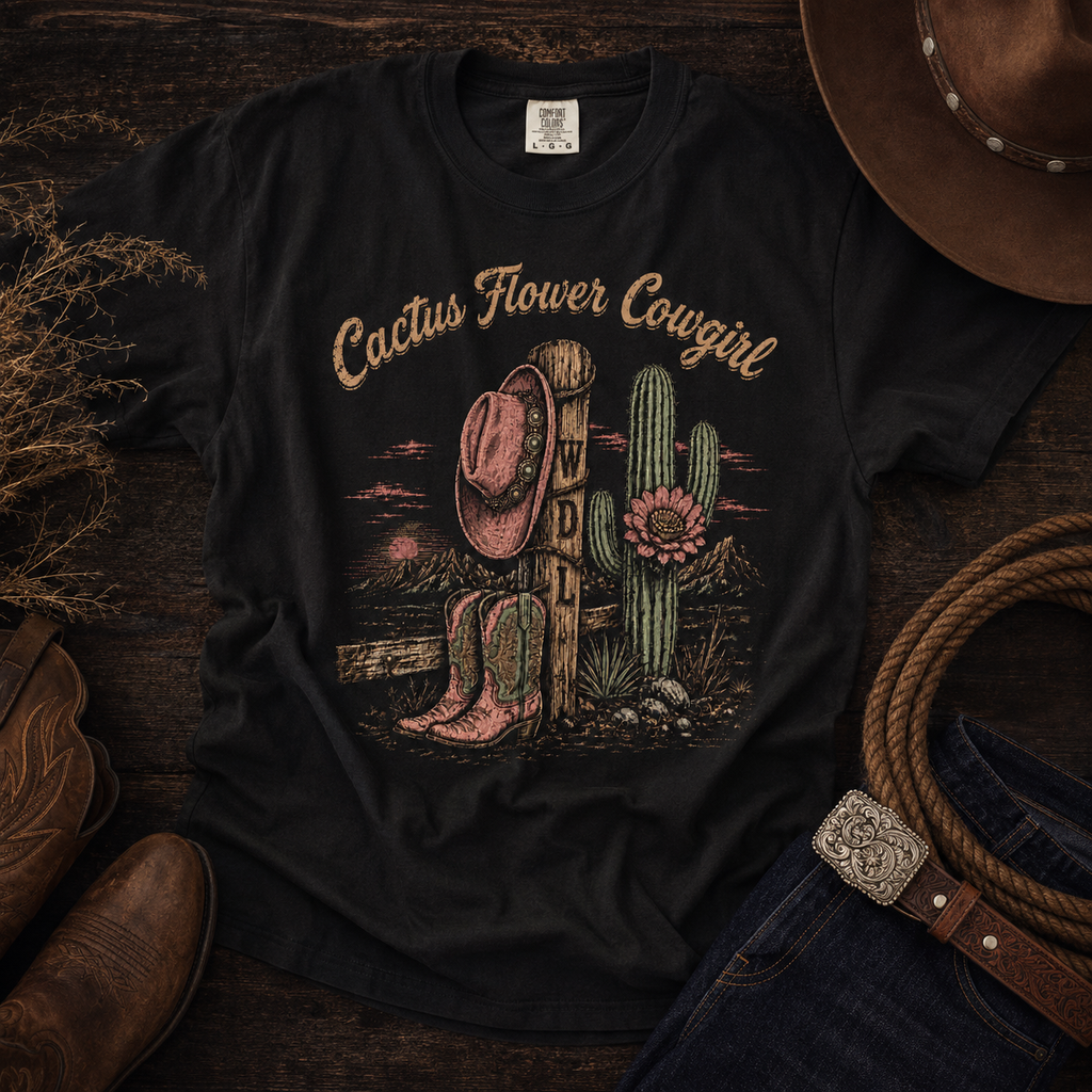 Cactus Flower Cowgirl Tee western flat lay mockup by Work Don’t Lie Co.