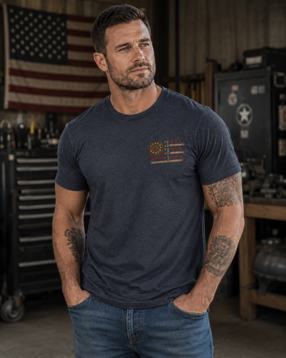 WDL Skull Flag Patriot Tee Heather Navy front lifestyle mockup