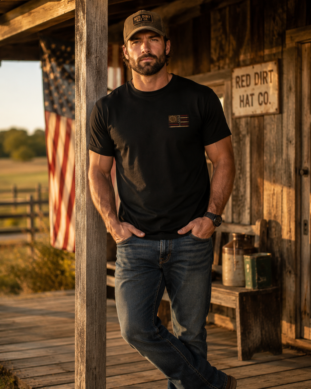WDL Skull Flag Patriot Tee black front barn lifestyle mockup