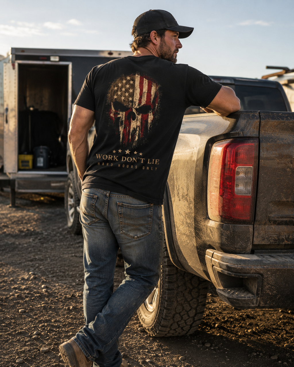 WDL Skull Flag Patriot Tee black back lifestyle mockup by pickup truck
