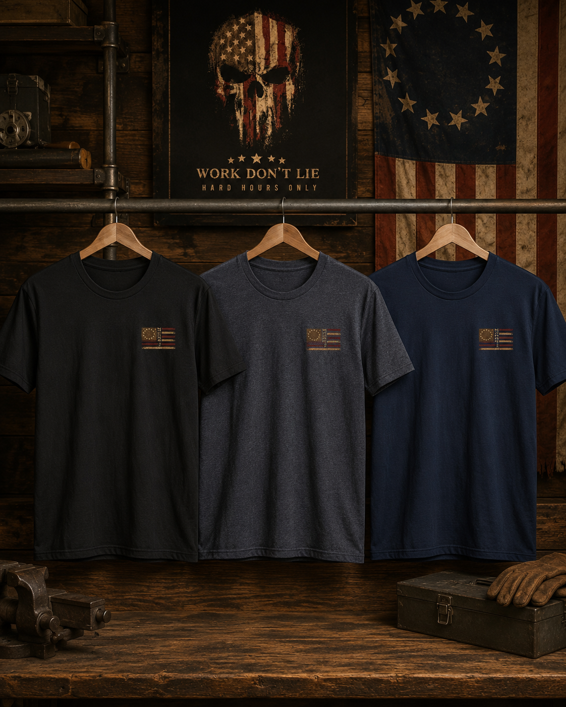 WDL Skull Flag Patriot Tee Black Heather Navy and Navy front color lineup