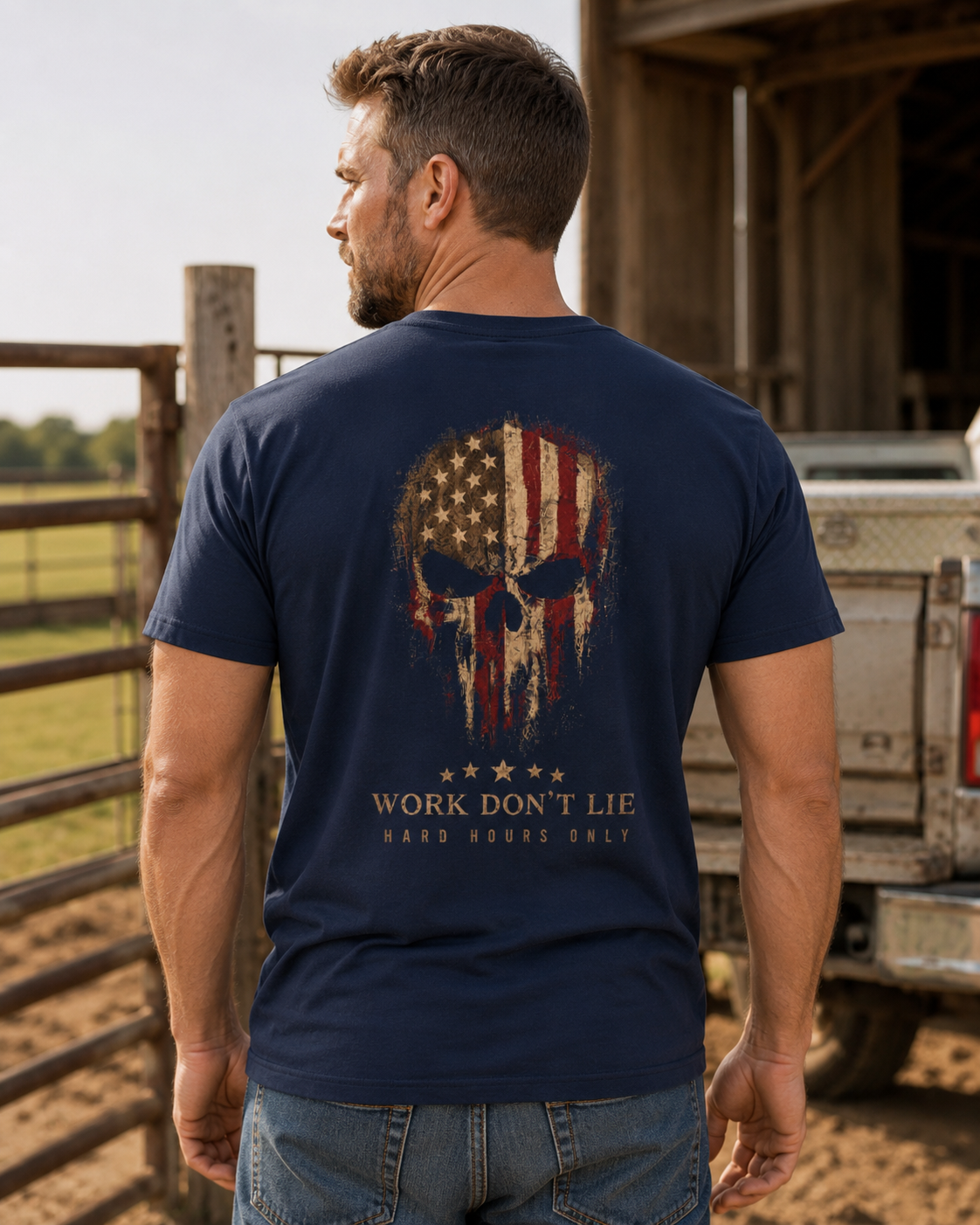 WDL Skull Flag Patriot Tee Navy back outdoor lifestyle mockup