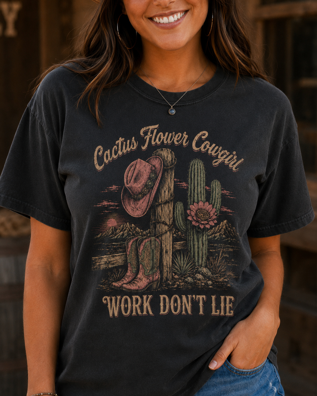Cactus Flower Cowgirl black tee mockup 2