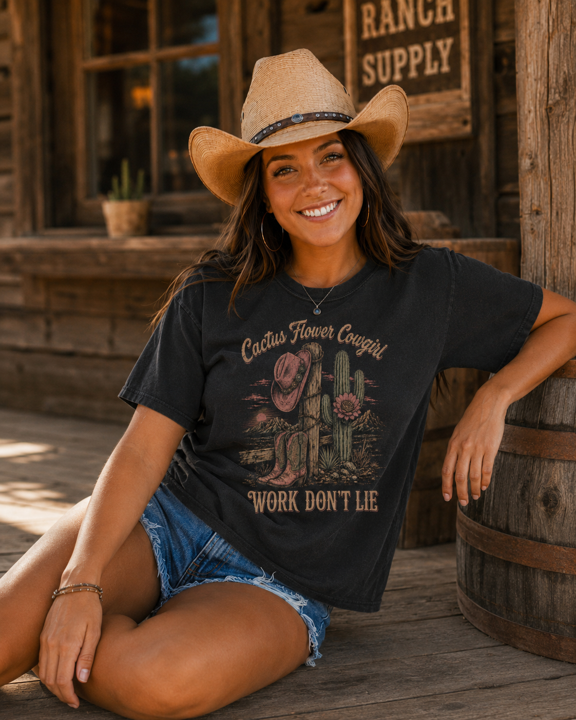 Cactus Flower Cowgirl black tee mockup 4