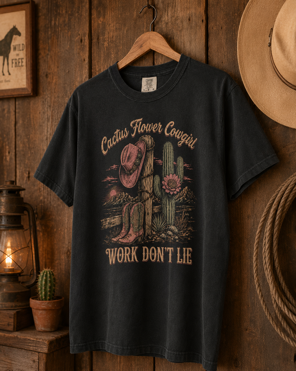Cactus Flower Cowgirl black tee mockup 5