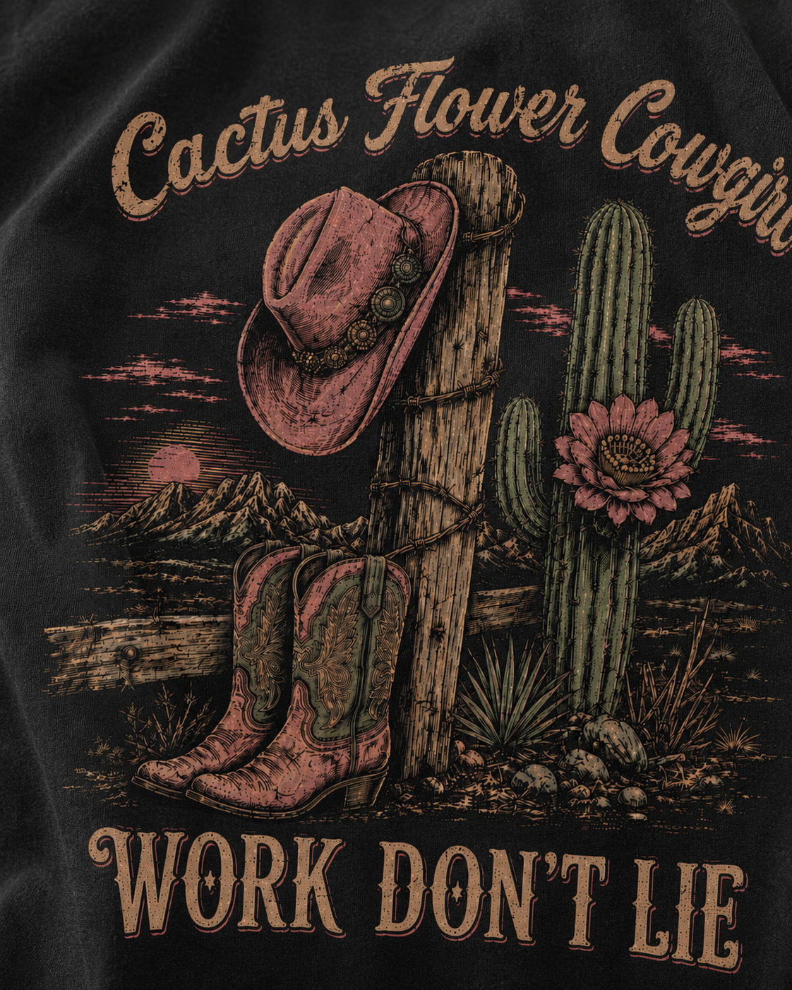 Cactus Flower Cowgirl black tee mockup 6